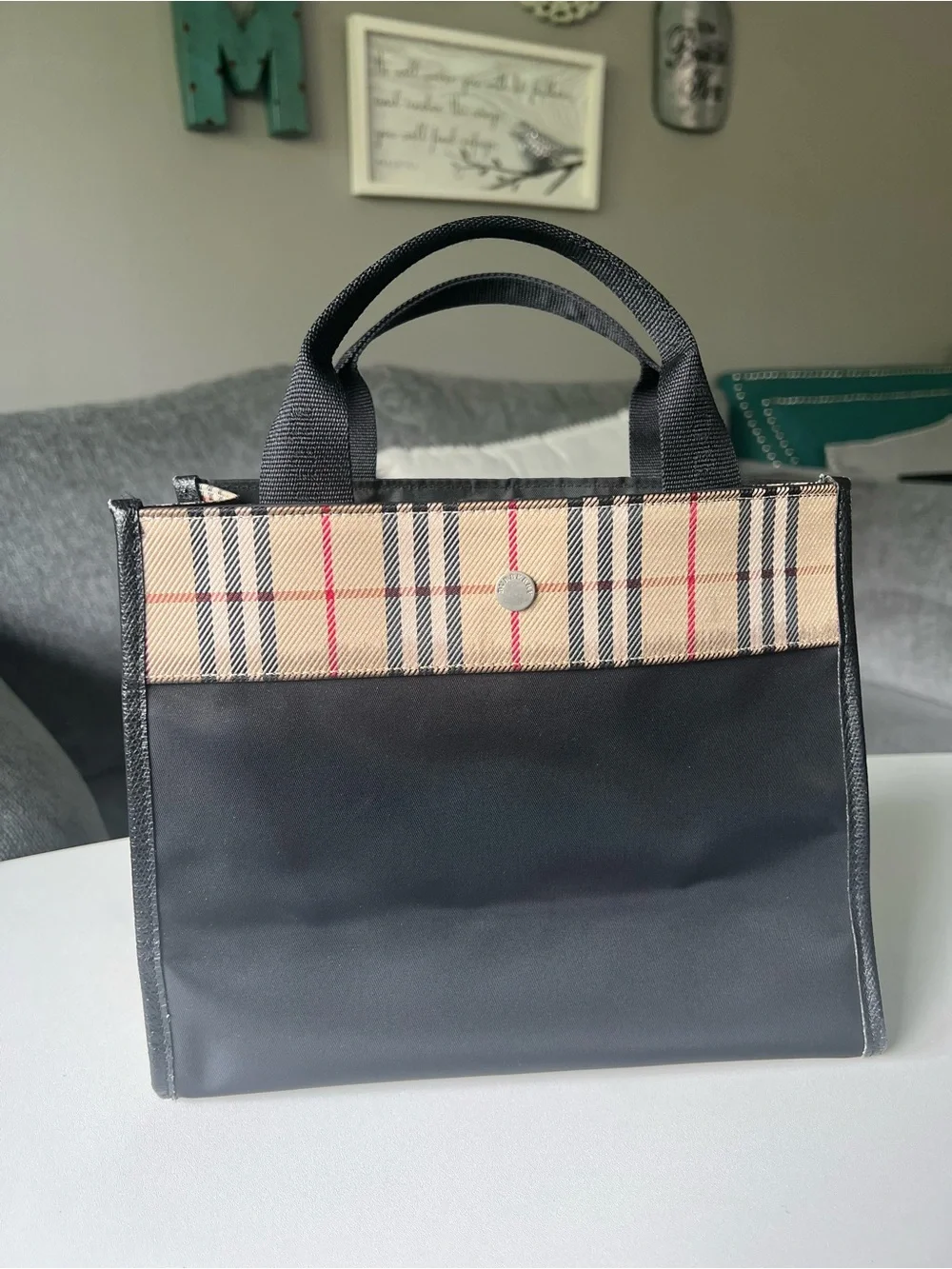 Burberry Black Canvas Tote with Beige Plaid Trim - Handheld Bag